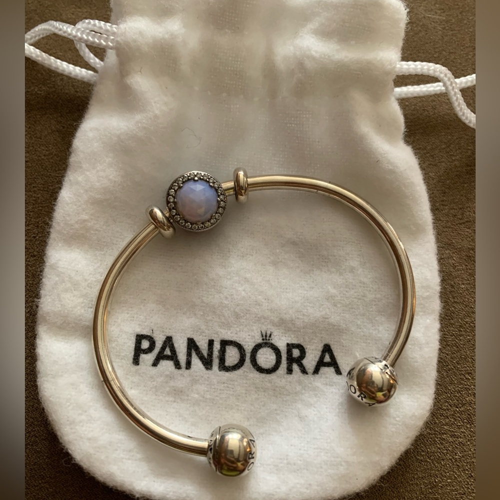 Pandora Open Bangle Charm Bracelet w/ 1 Pandora Charms & 2 Pandora Stoppers EUC